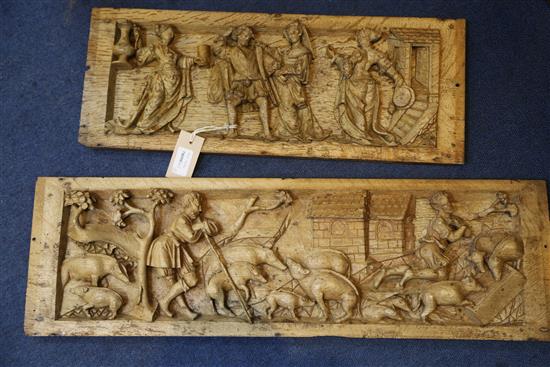 A set of five 16th century Flemish relief carved oak panels, largest 8.25 x 27in.